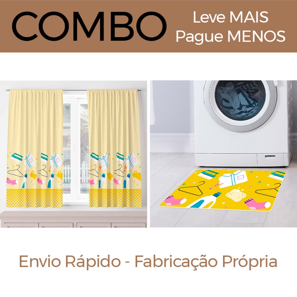 COMBO LAVANDERIA CLOTHES: CORTINA DECORATIVA 2,00M x 1,36M + TAPETE AVULSO 60CM x 34CM - LEVE MAIS PAGUE MENOS!