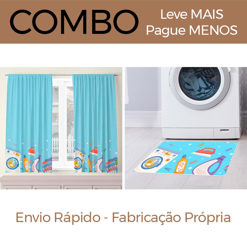 COMBO LAVANDERIA SABÃO BOLHAS: CORTINA DECORATIVA 2,00M x 1,36M + TAPETE AVULSO 60CM x 34CM - LEVE MAIS PAGUE MENOS!