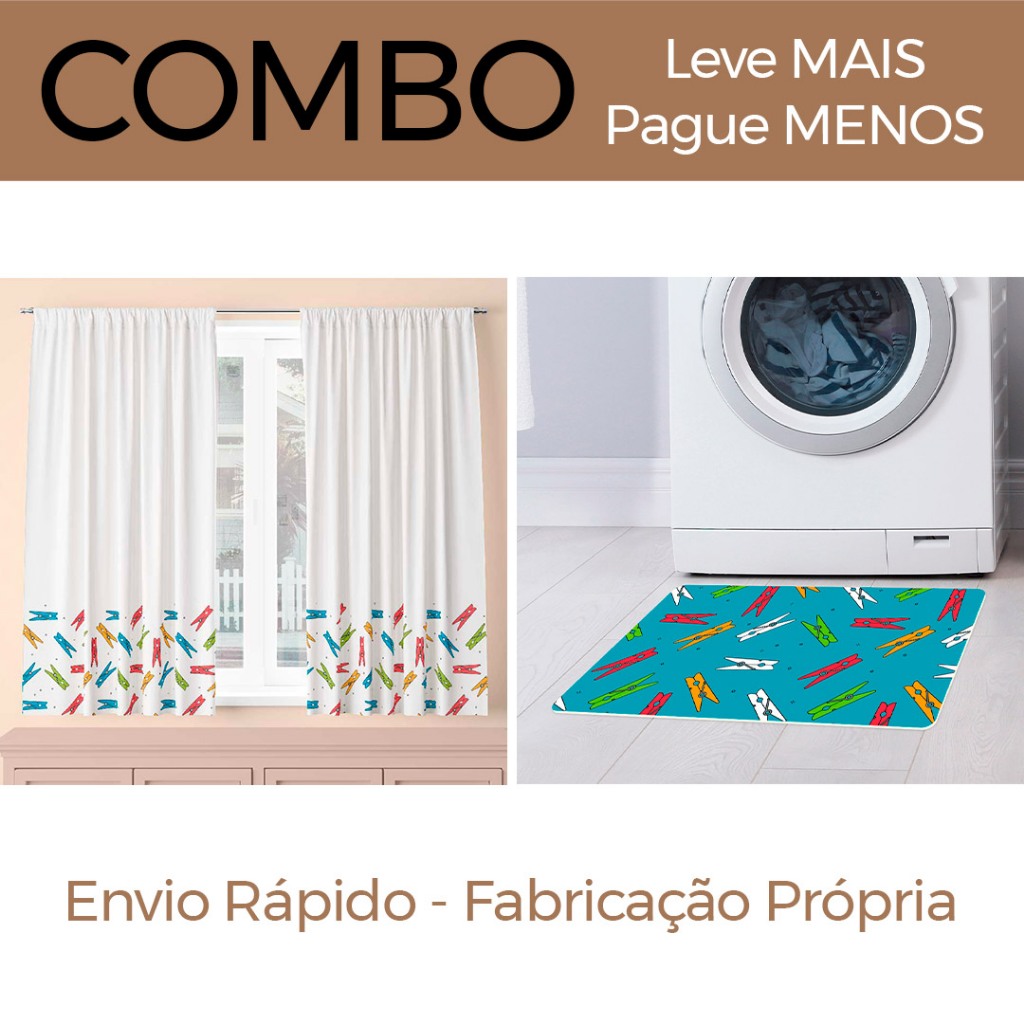 COMBO LAVANDERIA GRAMPOS: CORTINA DECORATIVA 2,00M x 1,36M + TAPETE AVULSO 60CM x 34CM - LEVE MAIS PAGUE MENOS!