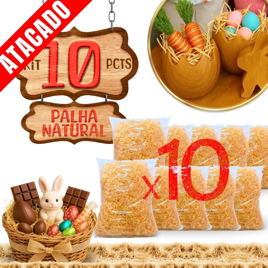 Kit 10 Palhas Naturais Madeira Tratada Páscoa Decoração Enfeites de Cesta Caminho do Coelho