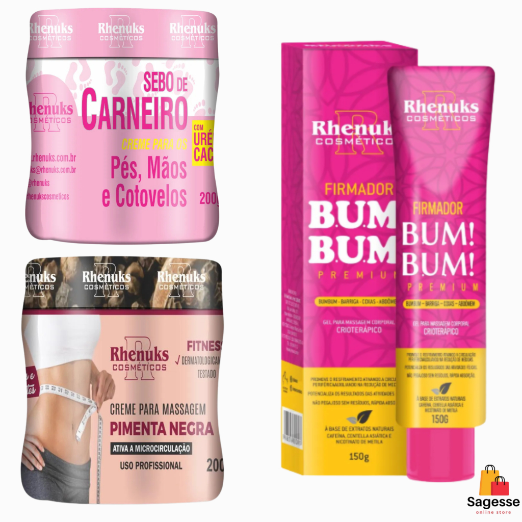 Kit com Sebo de Carneiro + Creme para Massagem Pimenta Negra + Firmador Bum Bum - Rhenuks Kit com Sebo de Carneiro + Creme para Massagem Pimenta Negra + Firmador Bum Bum - Rhenuks