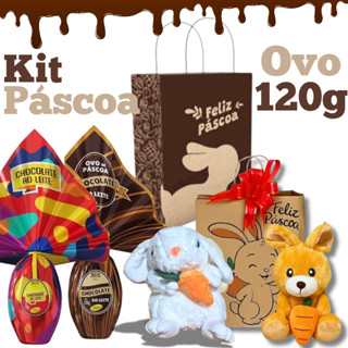 Kit Ovo de Pascoa 120g Chocolate ao Leite + Coelho de Pelúcia Ursinho Infantil Criança Bri...