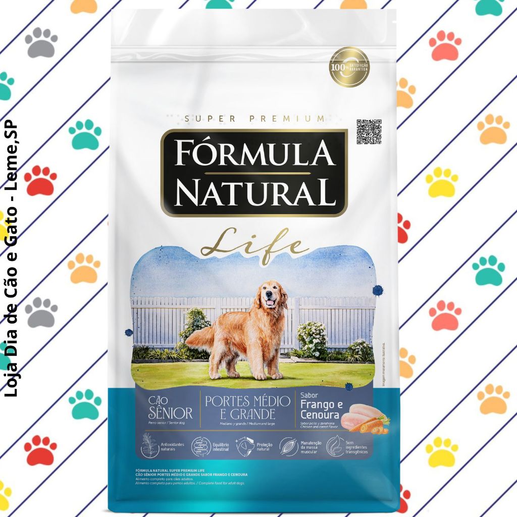 Ração 15Kg-Fórmula Natural Super Premium Life Cão Sênior Porte Médio e Grande Sabor Frango e Cenoura