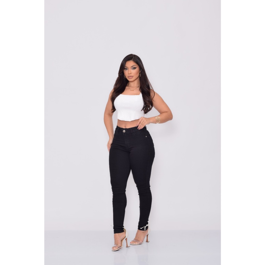 calça jeans feminina na cor preta cintura alta com elastano
