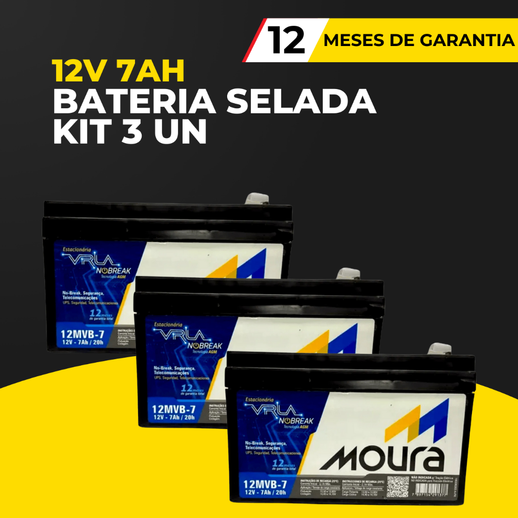 Kit 03 Baterias Moura 7ah 12v 12MVA-7 Nobreak para No break UPS Centrais de Alarme Provedores Internet Placa Solar
