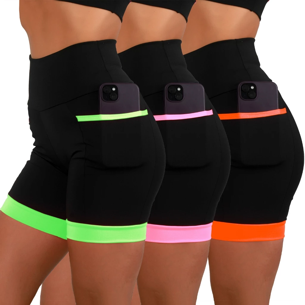 Kit 3 Bermudas Academia Feminina Fitness Cós Alto Com Bolsos Laterais — imagem 1
