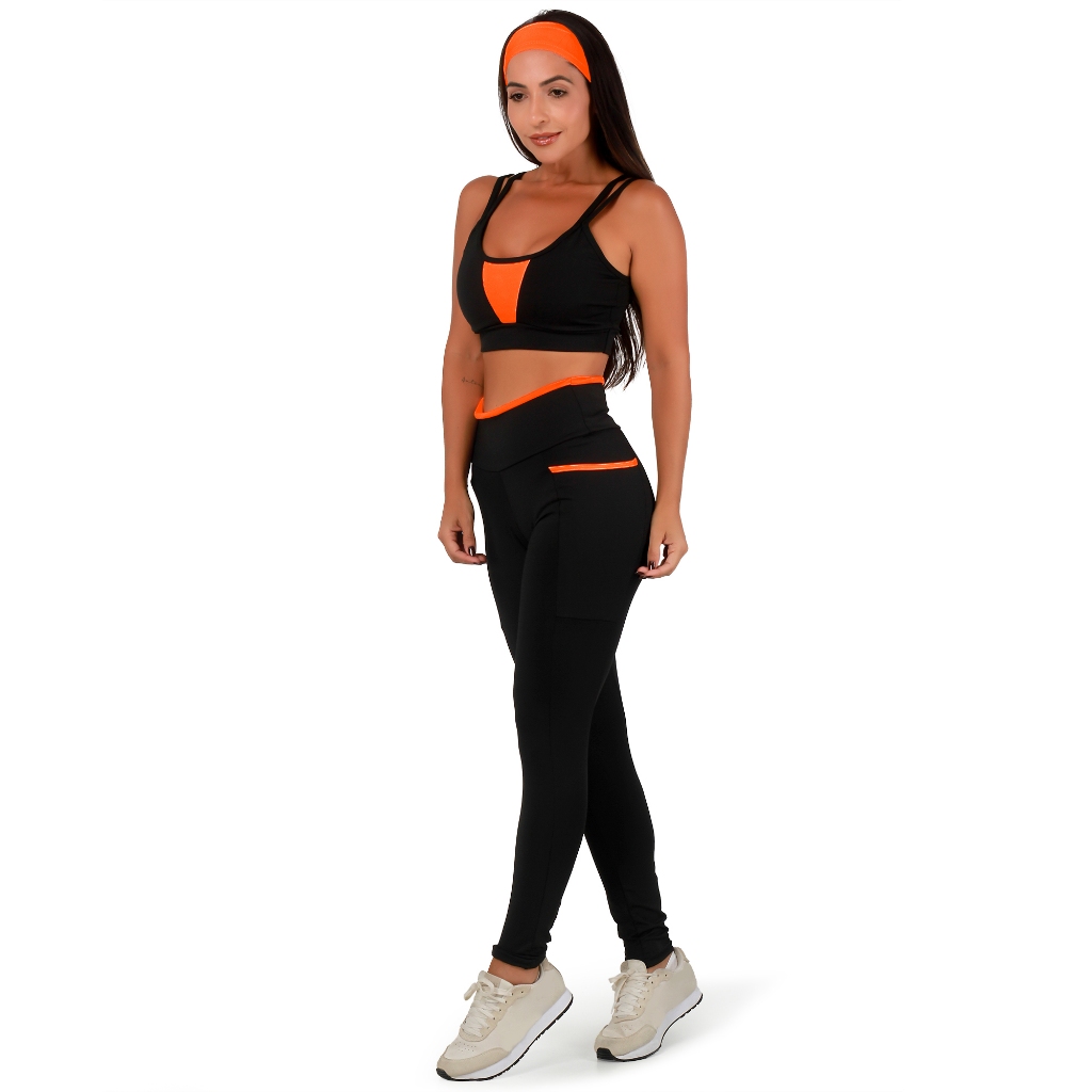 Conjunto Academia Feminino Top Com Detalhe Neon e Calça Legging Com Bolsos Laterais