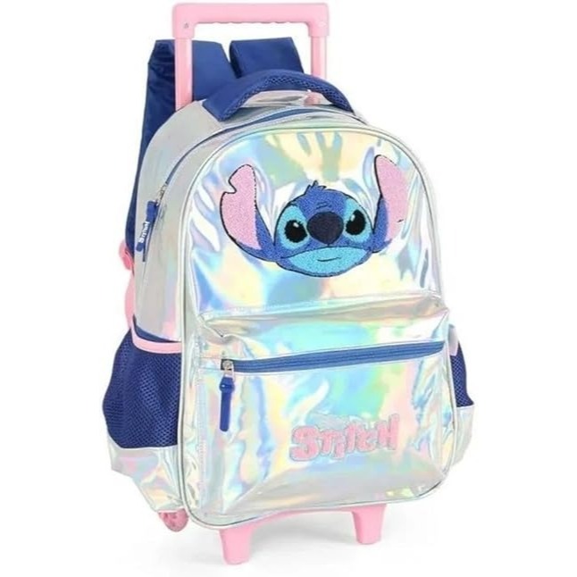 Mochilete Feminina Stitch Disney Holográfica com Rodinhas | Luxcel 2025 | Escolar Brilhante e Fofa | Prata