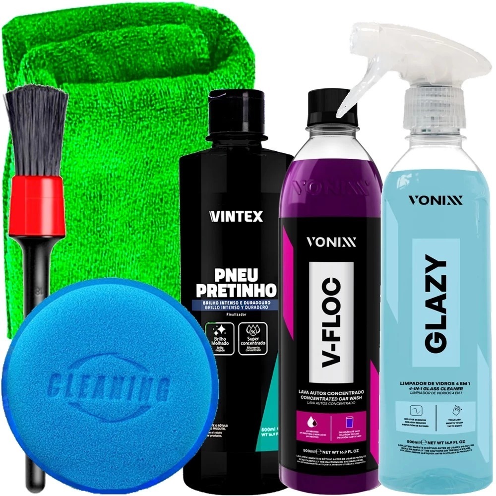 Kit Estética Automotiva Shampoo V-Floc Vonixx Pneu Pretinho Vintex Limpa Vidros