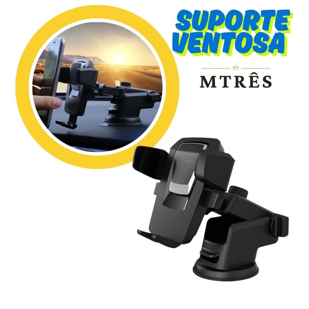Suporte Veicular para Celular Ventosa Universal Trava  Automática Ajustável Ajuste Rotação GPS Carro