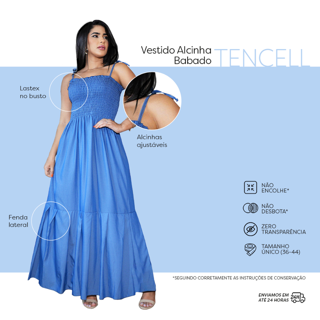 Vestido Longo Azul Jeans Alcinha Babado Casual Elegante Festa