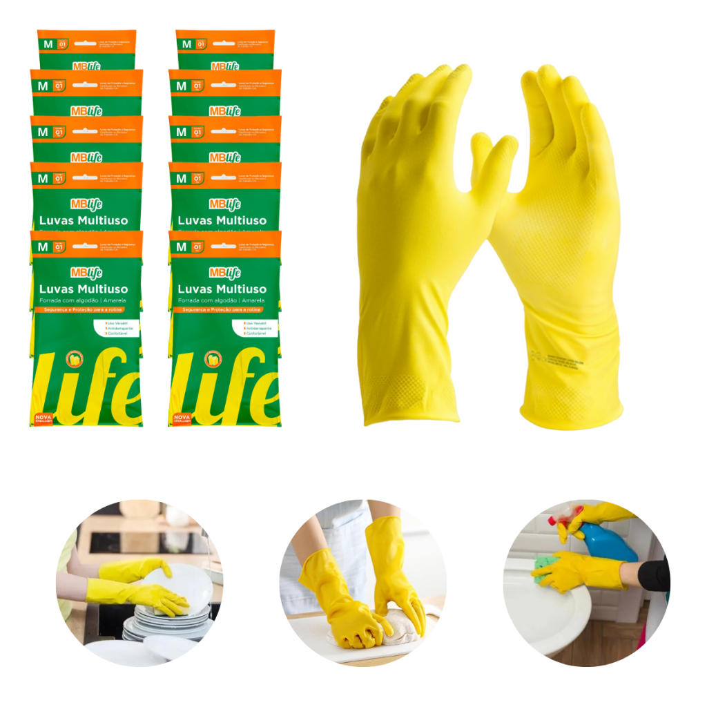 Kit 1 ou 5 ou 10 Prs Luva Látex Amarela Forrada Multiuso Limpeza Louça em Oferta na Shopee
