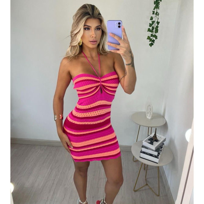 Vestido Curto Tricô Listrado Modal Cordão Amarração Tricot Verão em Oferta na Shopee