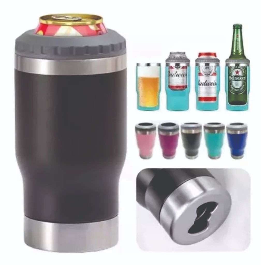 Copo 4 em 1 Porta Long Neck 420ml Personalizado Frete Grátis Inox Colorido Preto Liso Sem Logo Com Tampa Cerveja