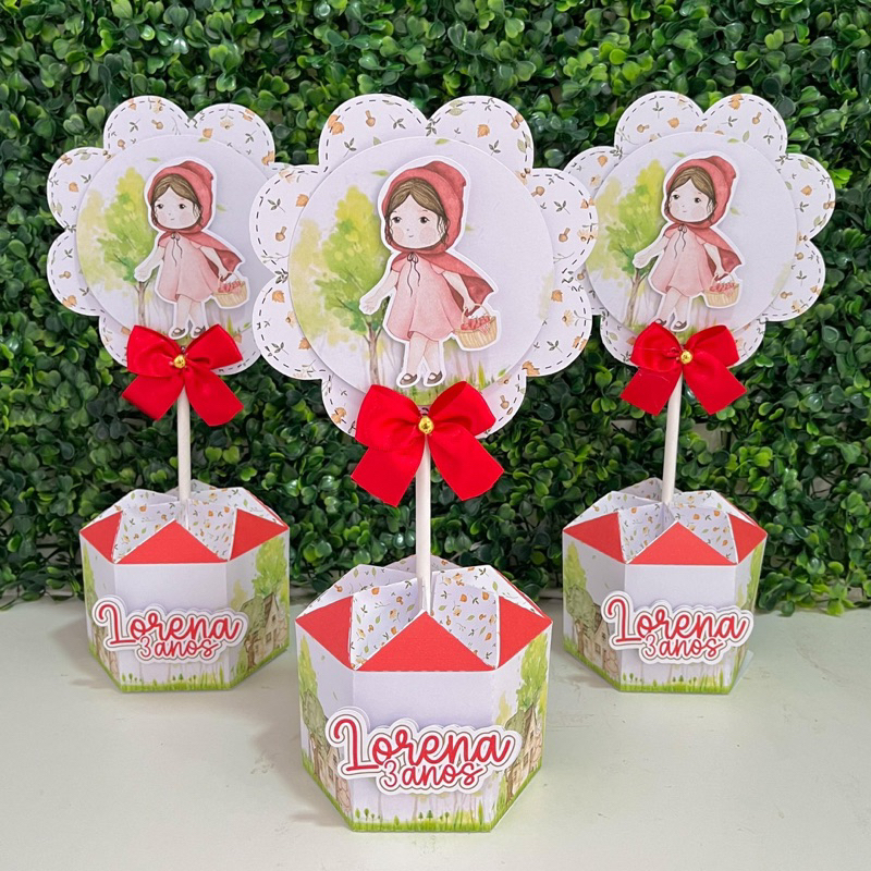 Kit Centro de mesa Chapeuzinho vermelho Aquarela Personalizado | Arranjo Cachepô Lembrancinha festa