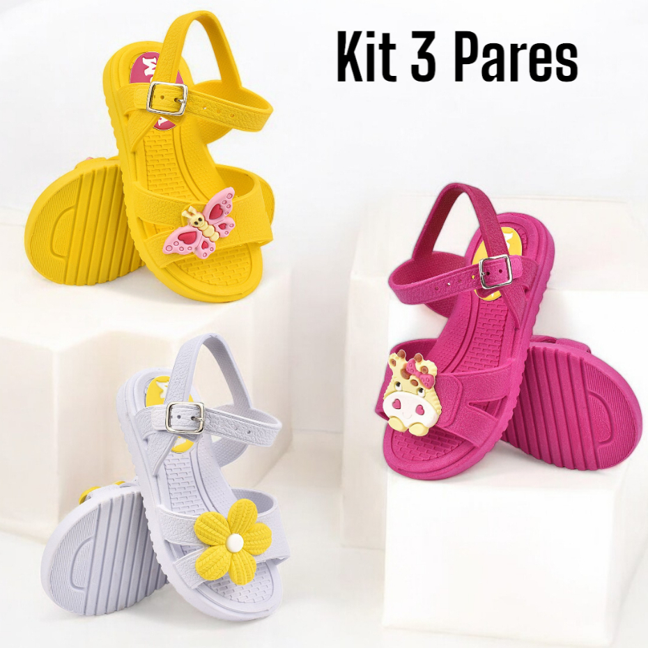 Kit 3 Pares Sandalia Infantil Para Menina Criança Com Personagens Confortavel Segura Com Fivela