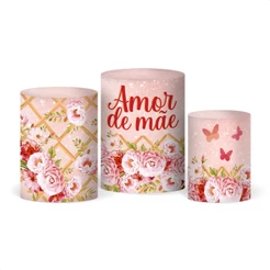 Trio Capa de Cilindro Decorativo Dia das Mães Floral Em Tecido Sublimado Veste Fácil – T-187