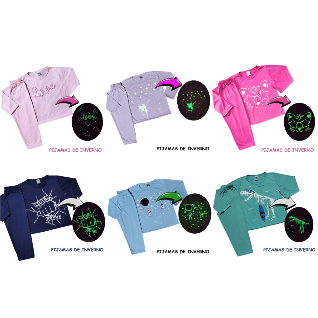 kit 3 Conjuntos Pijama de Inverno Juvenil Infantil Menino Masculino menina feminino que Brilha no Escuro tamanho 1 ao 16