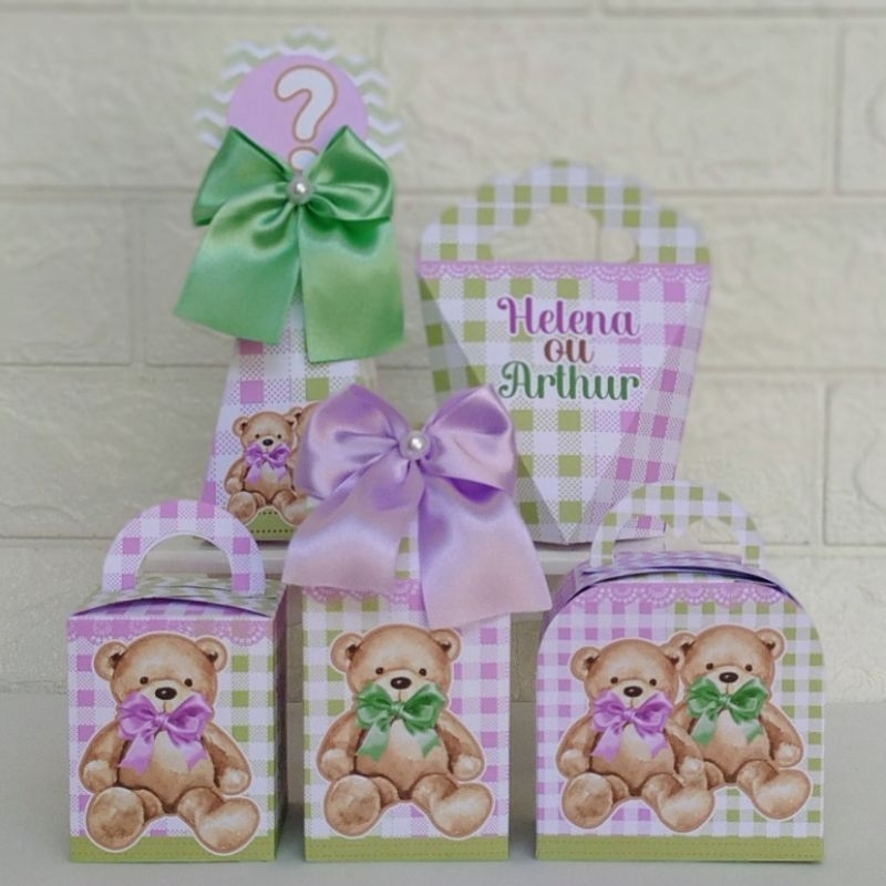 Kit Personalizado Chá Revelação Lilás e Verde Ursinho - Lembrancinha - Caixinhas