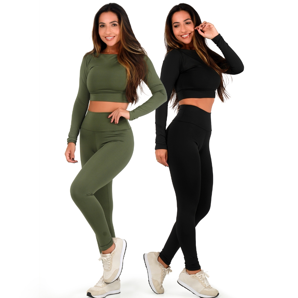Kit 2 Conjuntos Fitness Feminino Top + Calça Legging Blackout Zero Transparencia Com Bolsos