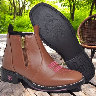 Bota Botina Feminina Texana Macia Country Cowboy Bico Quadrado Confortável Zíper E Rebites em Oferta na Shopee