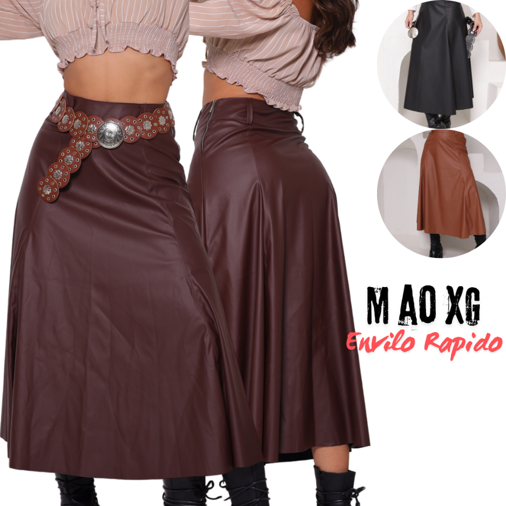 Saia Longa Feminina Saia Couro Fake Saia Godê Saia Marrom Moda Evangélica Confortável em Oferta na Shopee