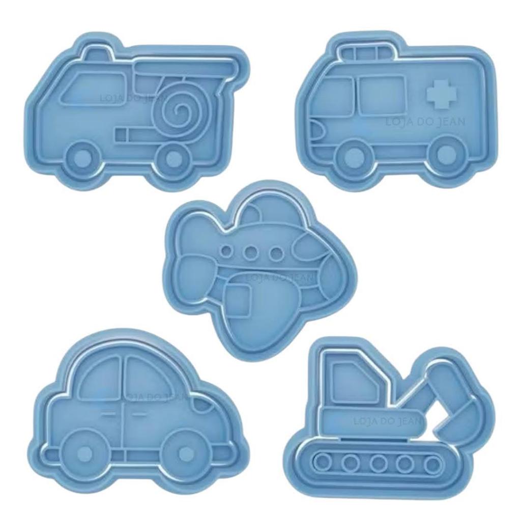 Kit 5 Cortador Marcador Veiculos Carro Avião Transporte Bombeiro Infantil Cookie Americana