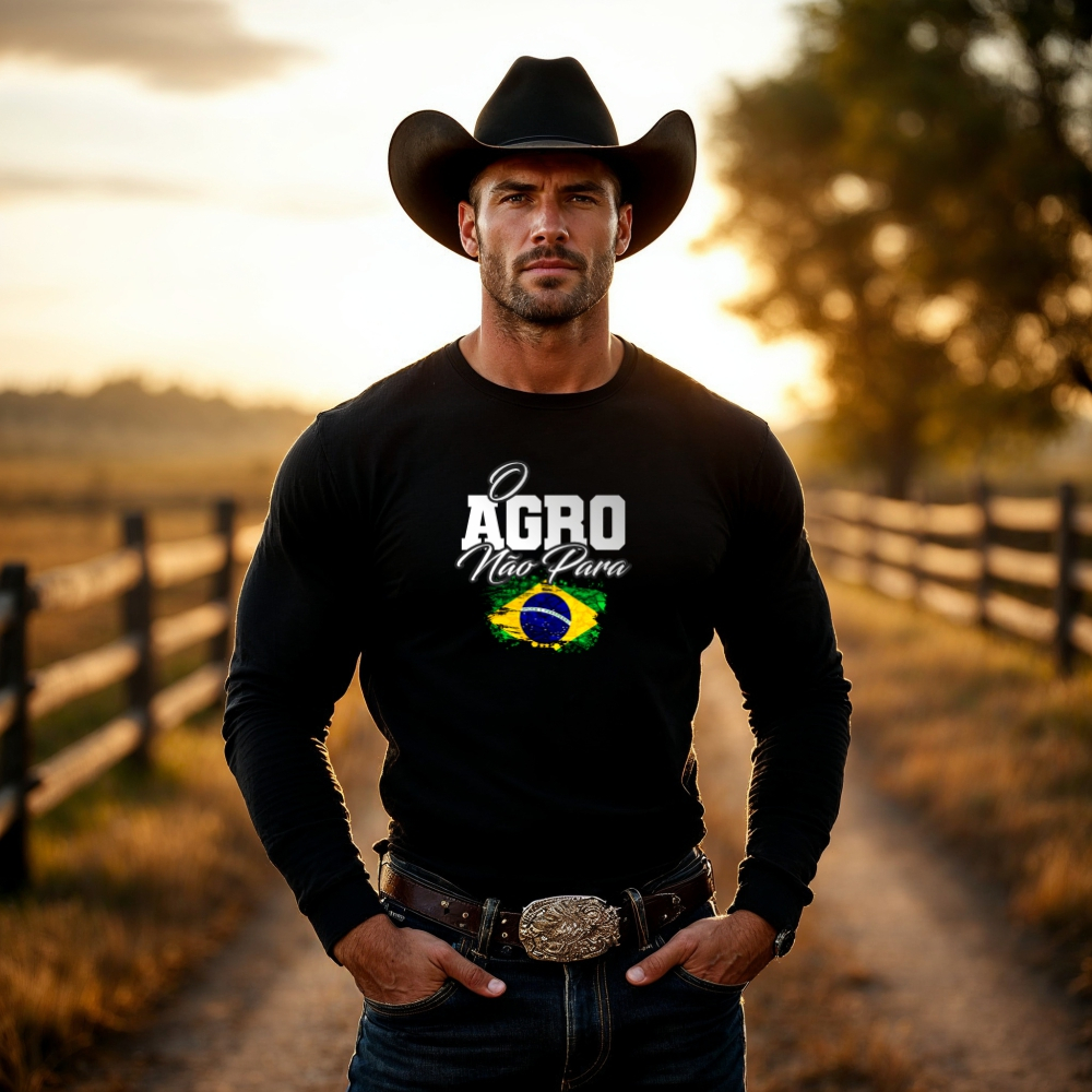 Camiseta Camisa do Agro Masculina Manga Longa Proteção UV Rodeio Fazenda Brasil Dryfit Agro Não Para