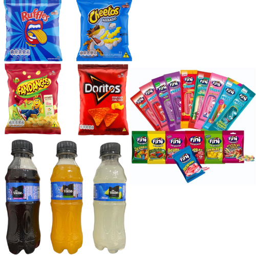 KIT 15 SALGADINHO ELMA CHIPS + 15 SUCOS DEL VALLE 200ml + 15 FINIS SORTIDOS