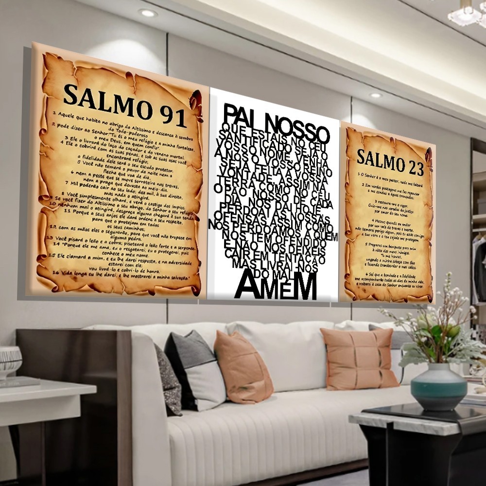 Kit 3 Quadros Decorativos Salmos 23 ,91 e pai nosso