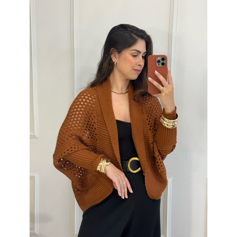 Cardigan Casulo Kimono Rendado Feminino Tricot Modal com punho