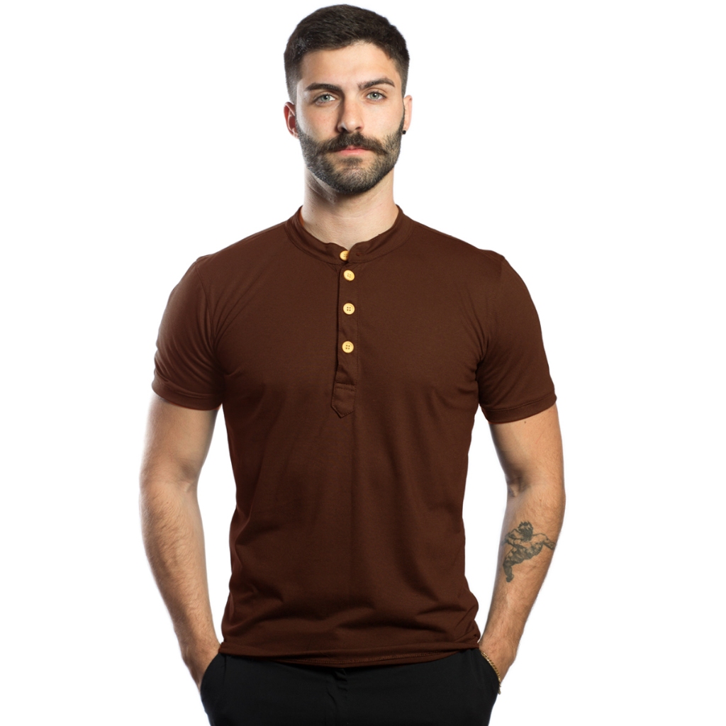 Camisa Henley Masculina Manga Curta de Malha com Gola Padre