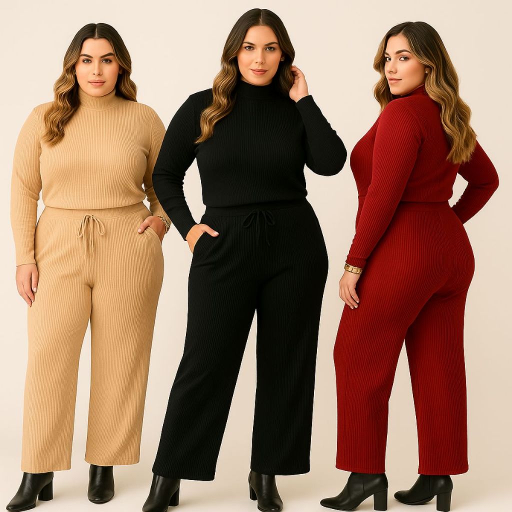 Conjunto Feminino de Frio Calça Pantalona e Blusa Manga Longa Inverno Elegante