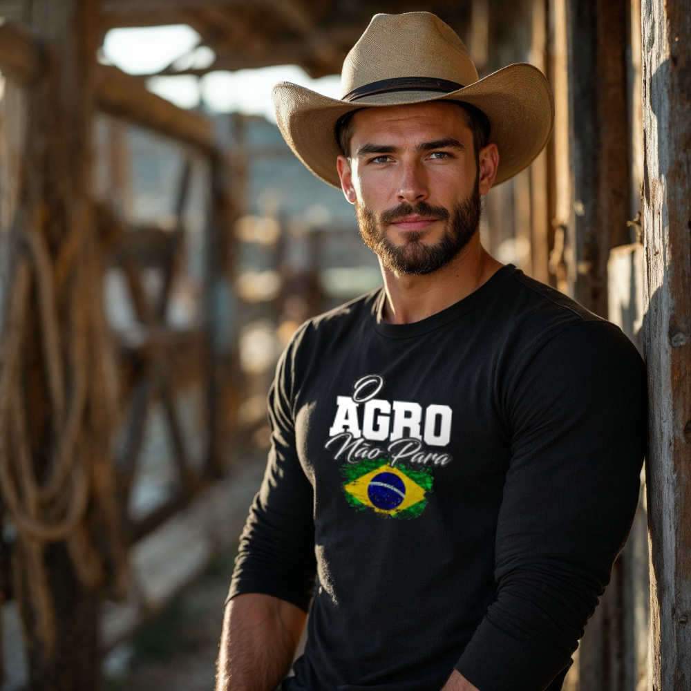 Camisa Camiseta do Agro Masculina Manga Longa Proteção UV Rodeio Bruto Brasil Dryfit Agro Não Para