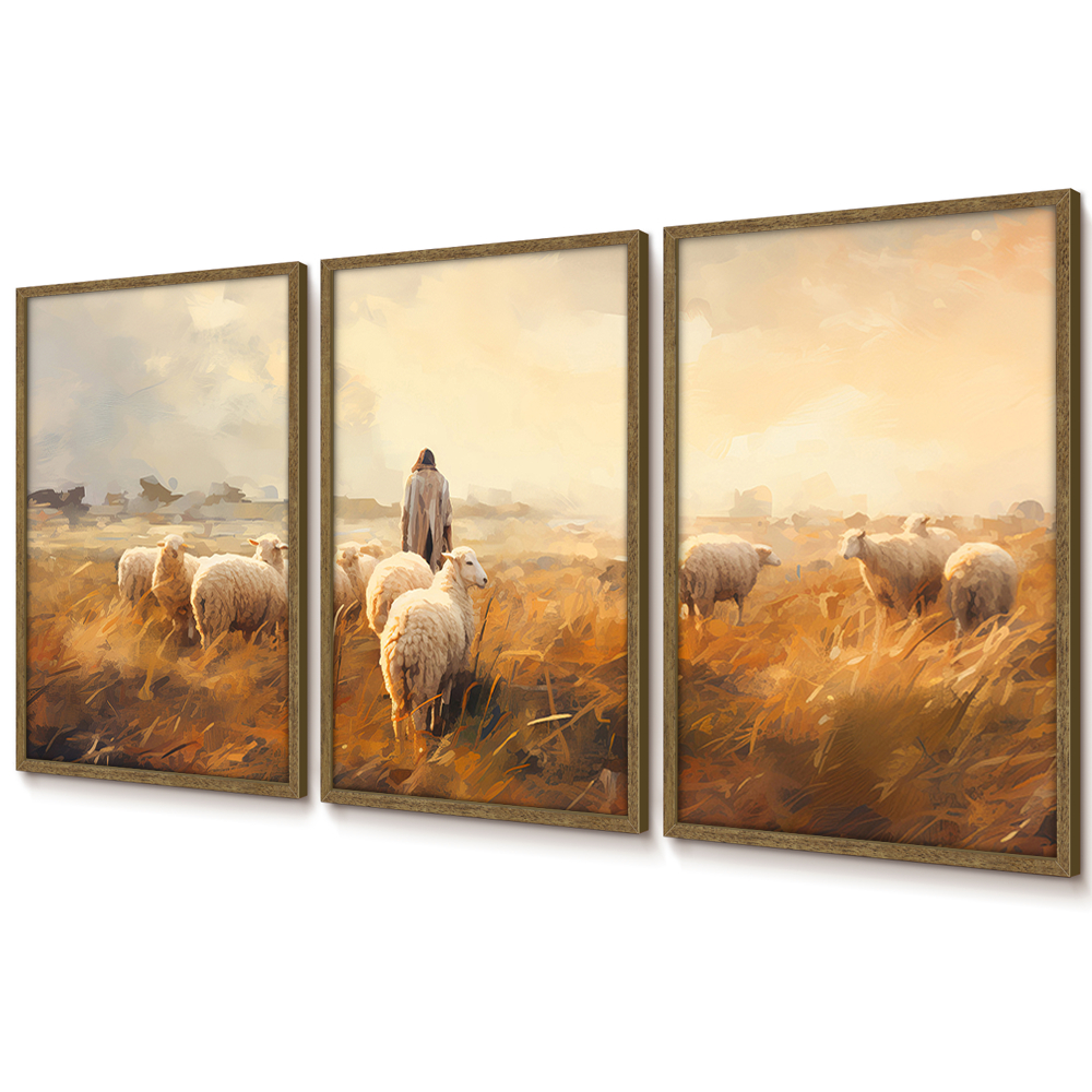 Quadro Jesus Cristo Trio de Quadros Decorativos Com Moldura Sala Quadro Religioso Pastor De Ovelhas · foto 2