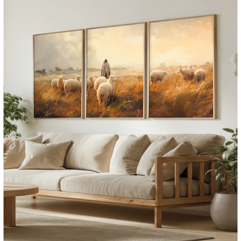 Imagem Quadro Jesus Cristo Trio de Quadros Decorativos Com Moldura Sala Quadro Religioso Pastor De Ovelhas