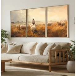 Quadro Jesus Cristo Trio de Quadros Decorativos Com Moldura Sala Quadro Religioso Pastor De Ovelhas