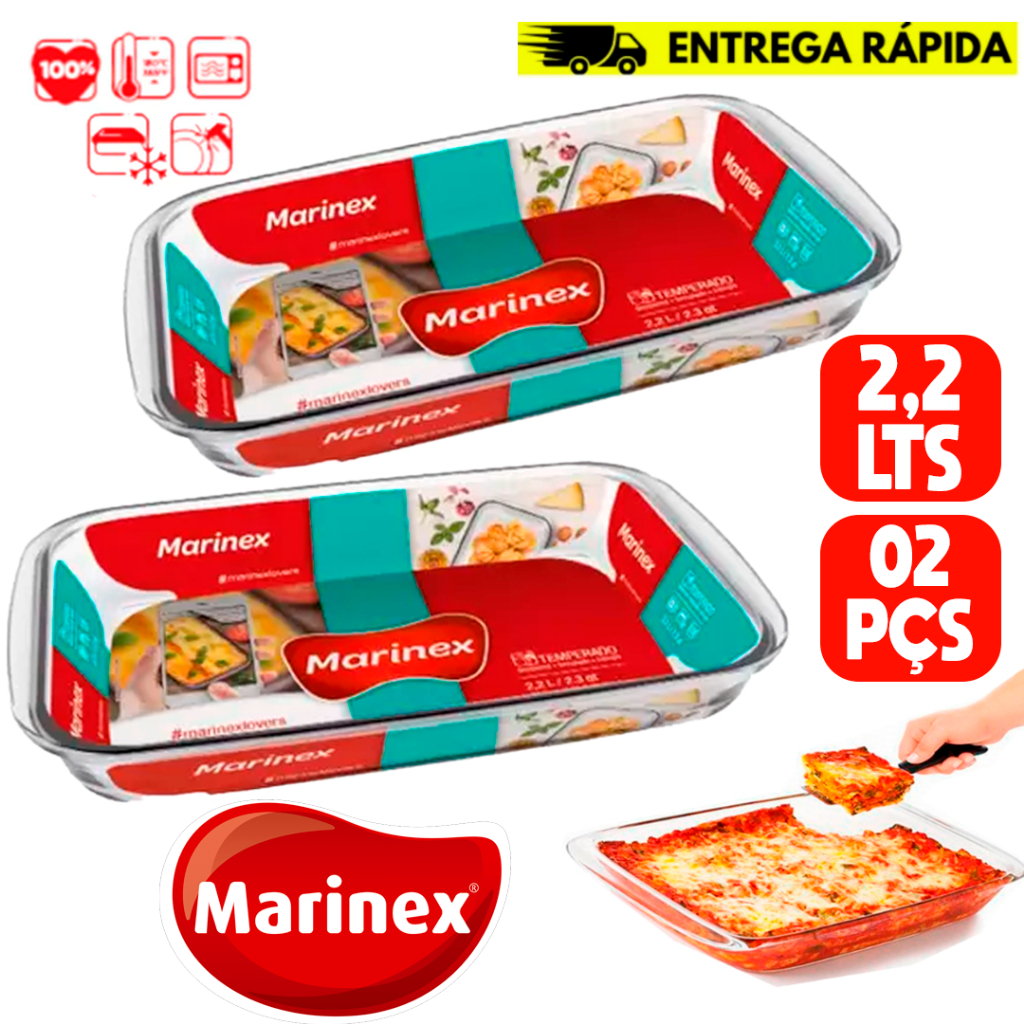 Kit Conjunto 02 Forma Lasanheira Assadeiras Media Funda 2,2L Retangular de Vidro Temperado Marinex