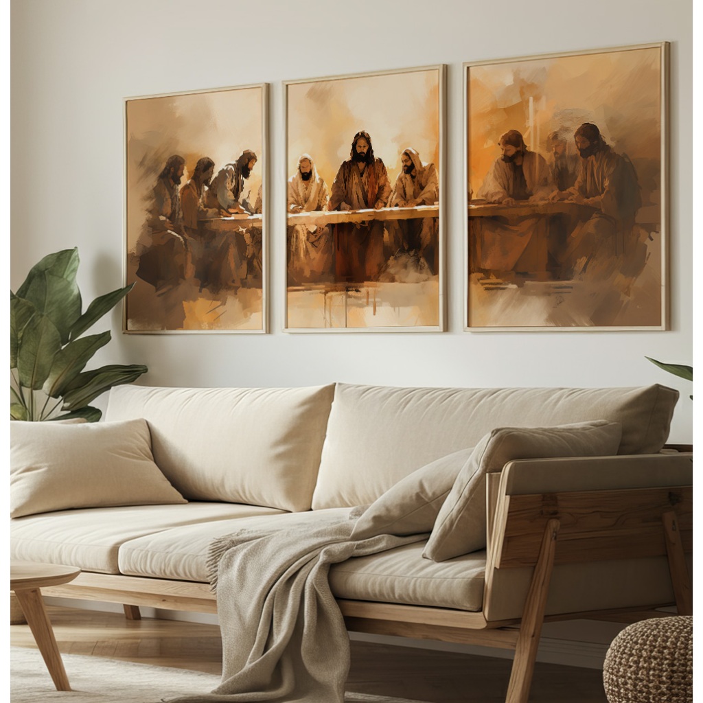 Quadros Decorativos Sala Quarto Grande Trio Com Moldura E Vidro Arte Santa Ceia Jesus E Apóstolos em Oferta na Shopee