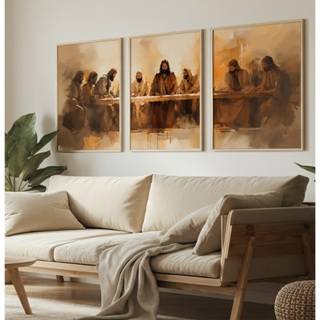 Quadros Decorativos Sala Quarto Grande Trio Com Moldura E Vidro Arte Santa Ceia Jesus E Apóstolos em Oferta na Shopee