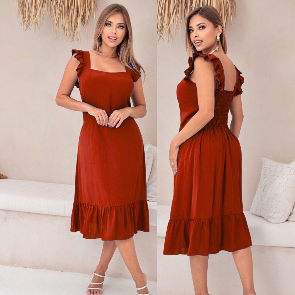 Vestido midi feminino casual elegante forrado tecido viscolinho em Oferta na Shopee