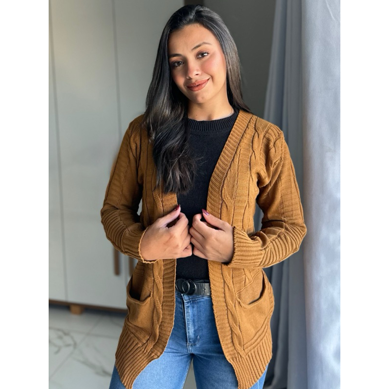 Casaco Trança com Bolsinho Tricot Feminino moda Inverno Lã bolso DANI max no cardigan Outono Tricô