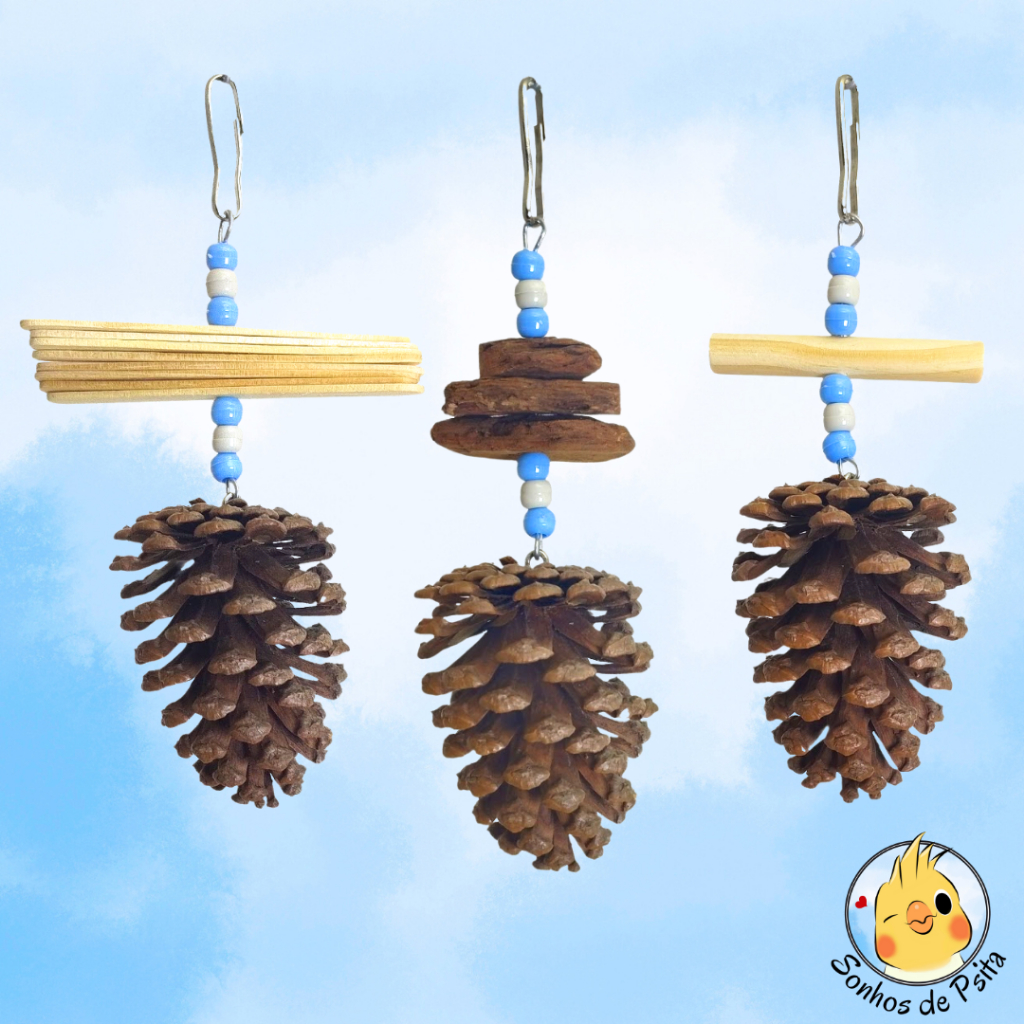 Kit 3 Pinhas Brinquedos Naturais Calopsita, Agapornis, Periquito, Aves