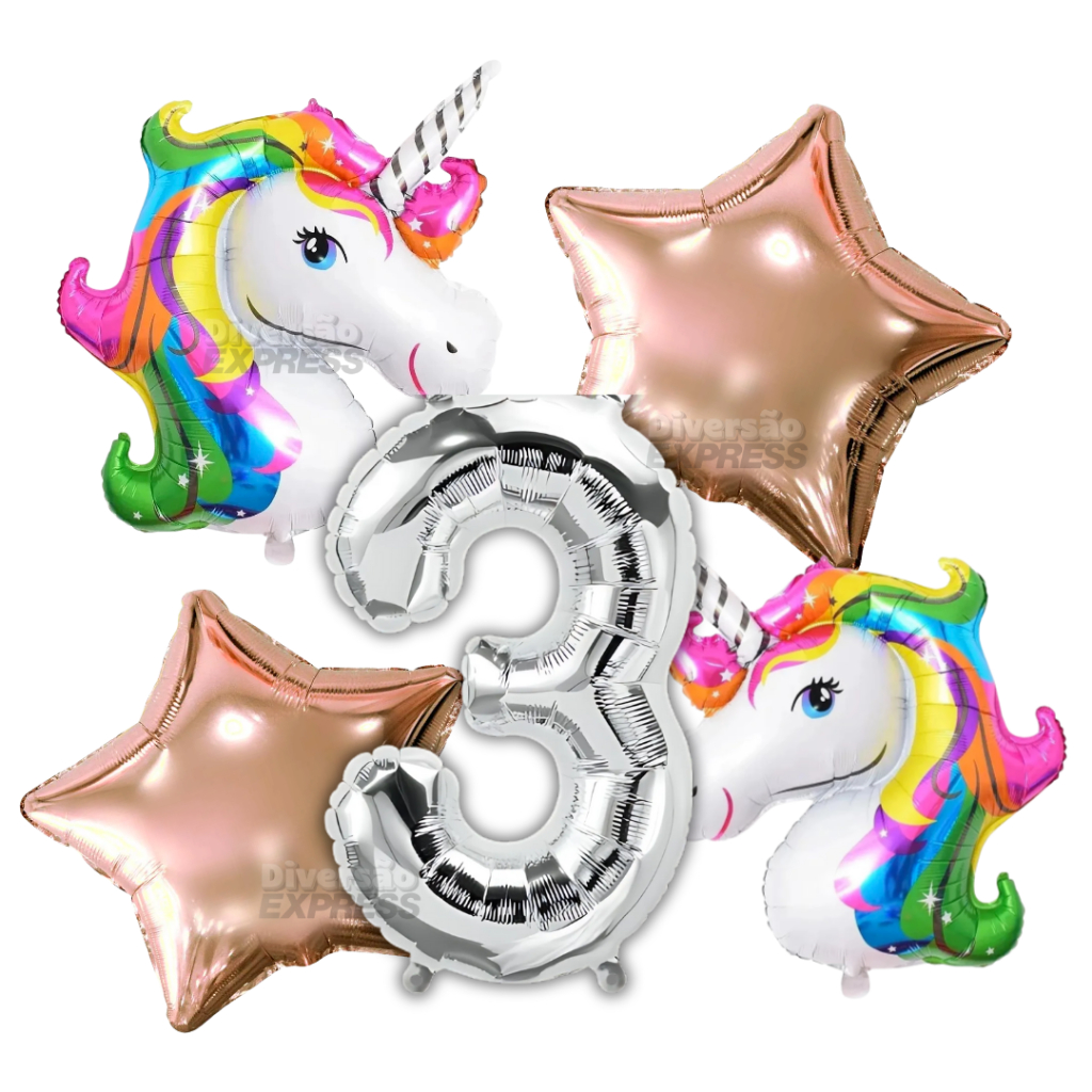 Kit Aniversário Unicórnio com 5 Balão Metalizado Decoração Festa Mesversario Numero Prata 40cm