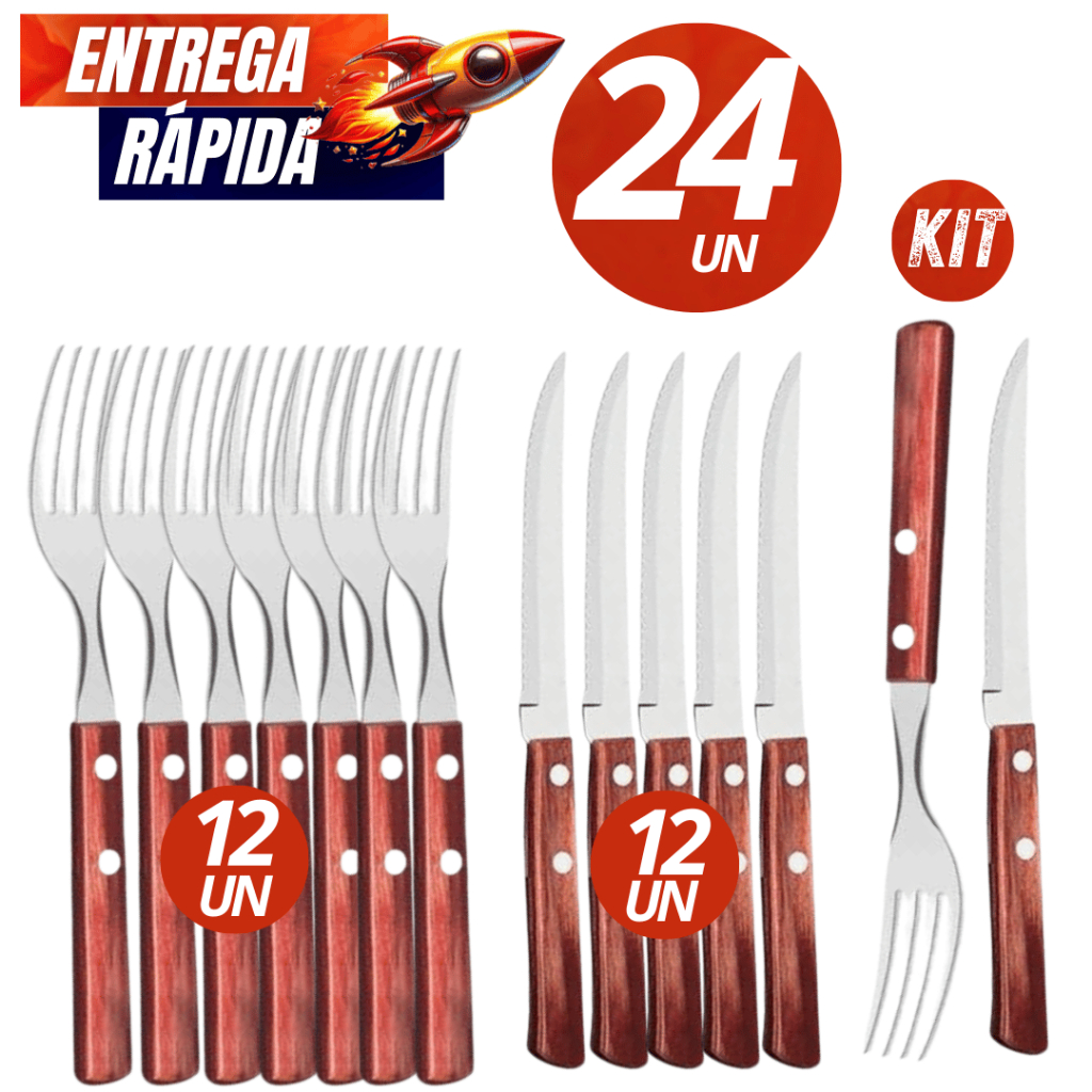 Kit 24/12  Unidades Talher Garfos + Facas de Inox com Cabo de Madeira Faqueiro Linha Premium Casa Cozinha Culinária em Oferta na Shopee