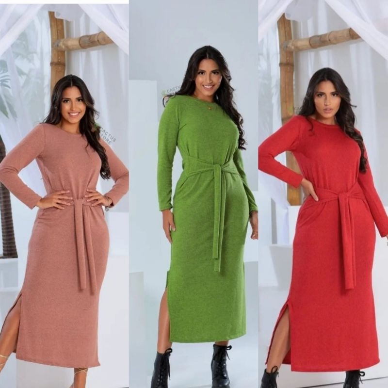 (ref.44)Vestido feminino Longo de lanzinha de amarrar  na cintura, manga longa e gola.