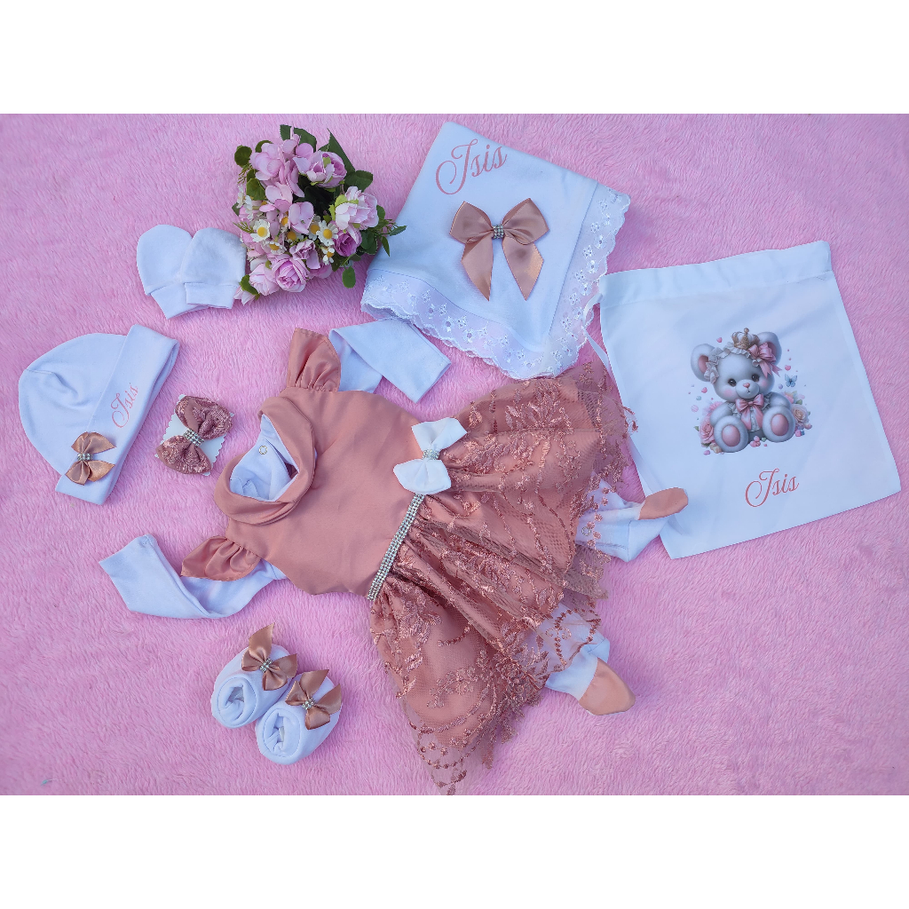 Saida de Maternidade Menina Luxo Personalizada Rosa Seco