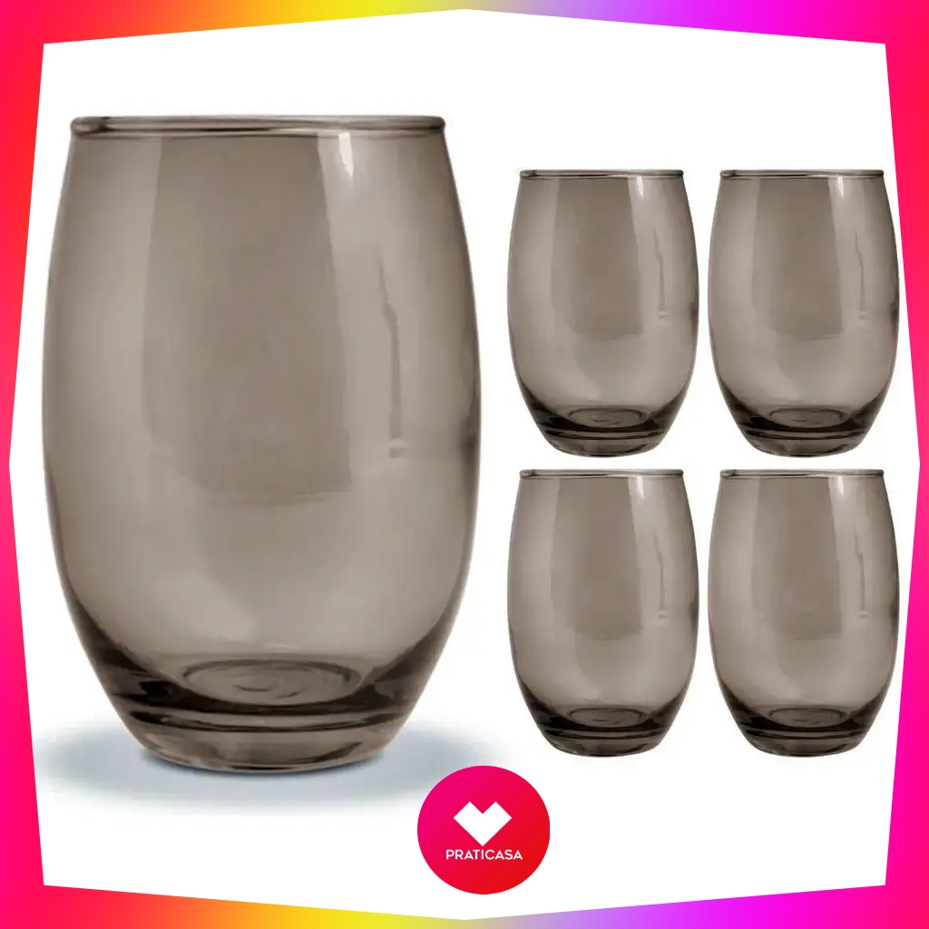 Jogo 6 Copos Califórnia Vidro Fumê Multiuso Luxo 465ml Cinza Refrigerante Suco