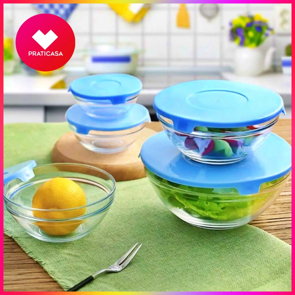 Conjunto Tigela VIDRO Bowl Marmita Tampa 5 Peças Herméticos - kit 5/3 unidades
