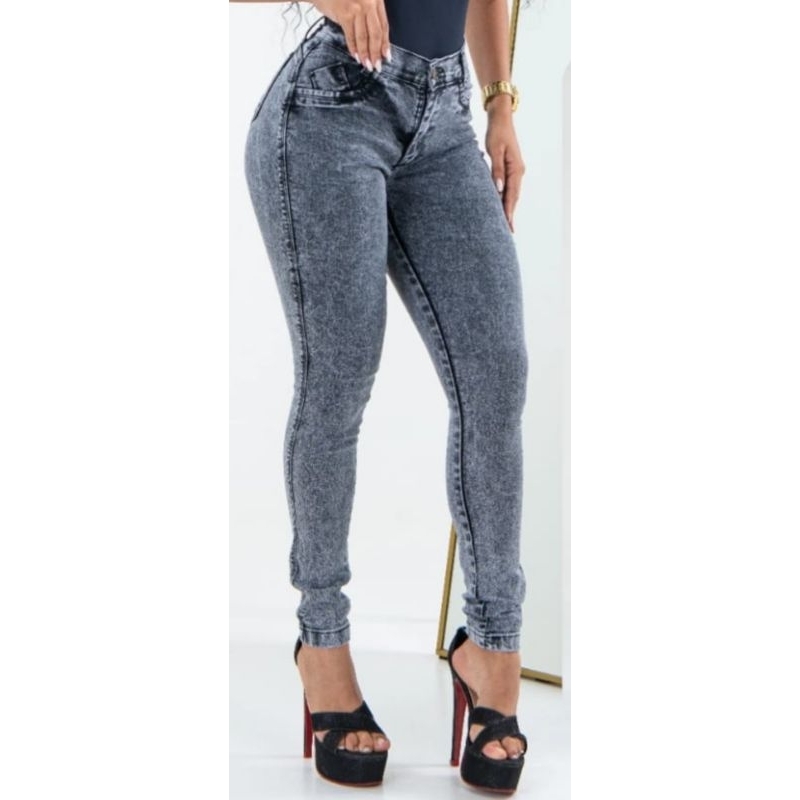 calça jeans feminina skinny route com elastano e Lycra ، Marmorizada ,  cintura alta , modelagem empina bumbum.